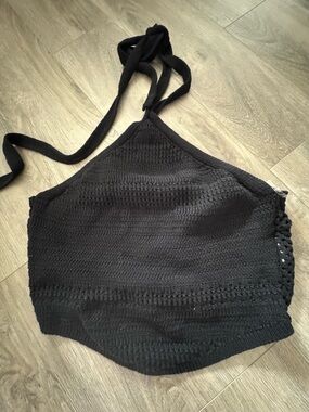 Guess Black Crochet Top with Red Logo Tag